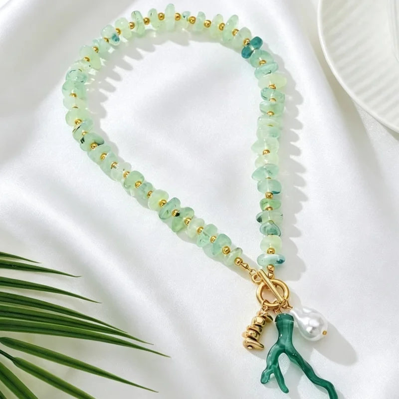 Boho Resin Coral Beaded Necklace for Women with Imitation Pearl Pendant - Toggle Clasp Choker Jewelry