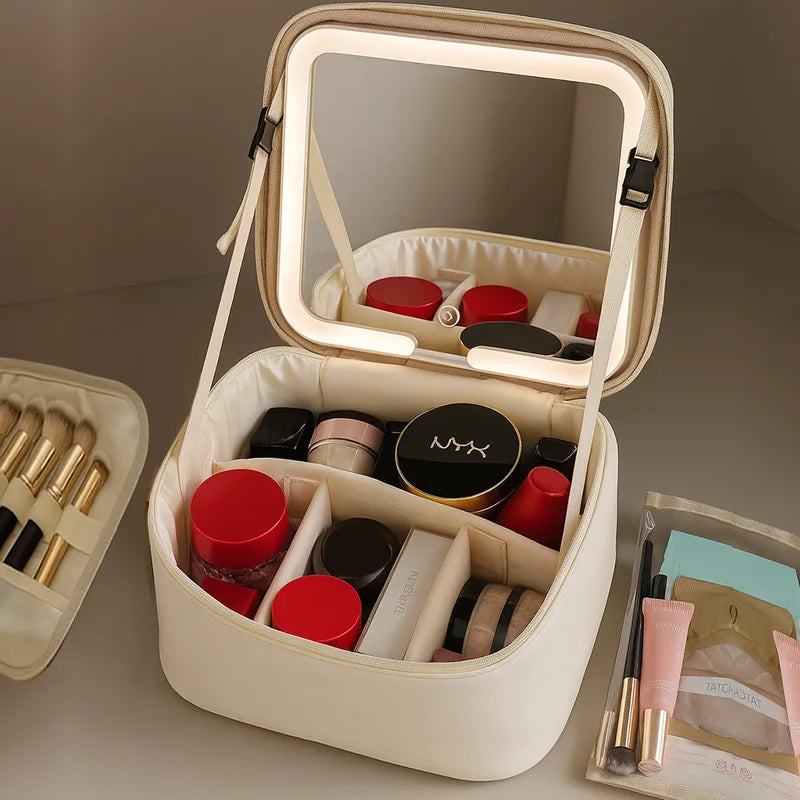 Large Capacity Travel Makeup Bag with LED Mirror and Organizer - Portable Women's Cosmetic Case