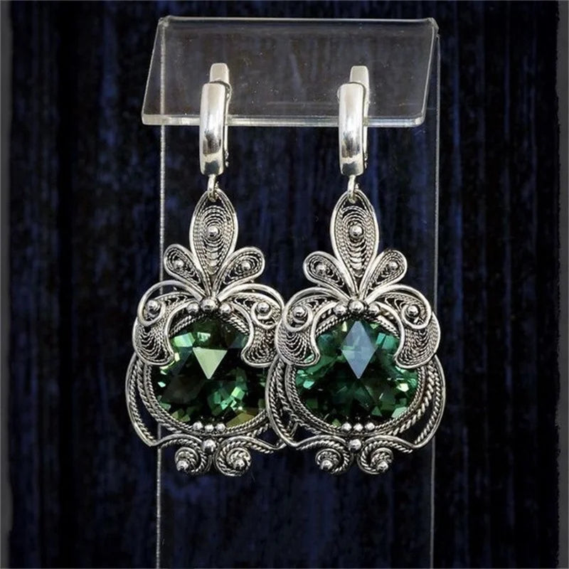 Vintage Green CZ Dangle Earrings for Women Silver Hand Carved Jewelry