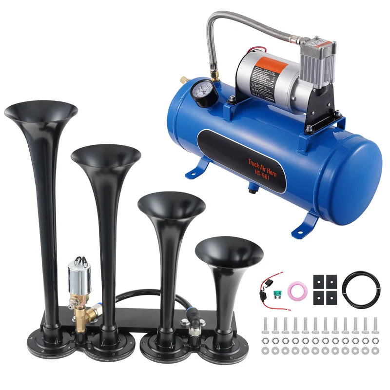Train Horns Kit 4 Trumpets 150dB Air Horn System with Compressor and Tank