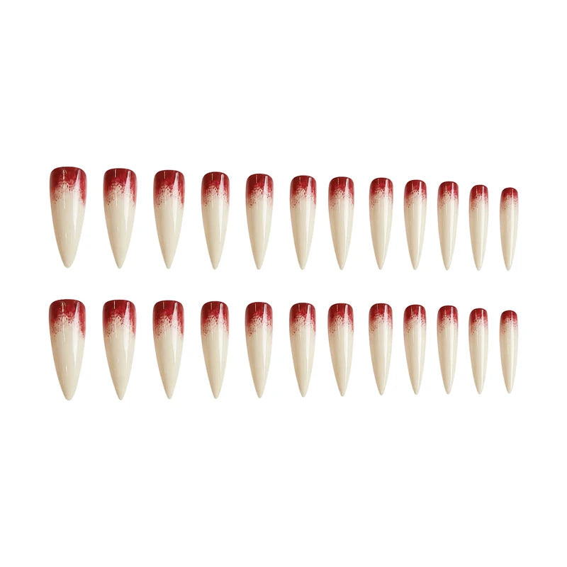 24PCS Gothic Nude False Nails Long Pointed Halloween Blood Stained Design