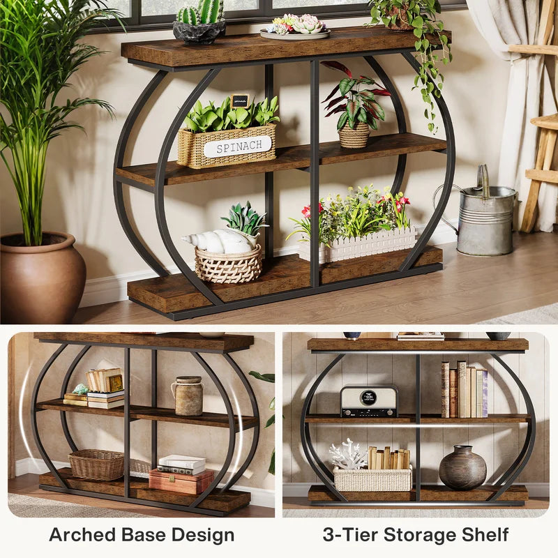 Industrial 3-Tier Console Table with Arched Metal Frame and Storage Shelves - 41.3 Inch Entryway or Living Room Table