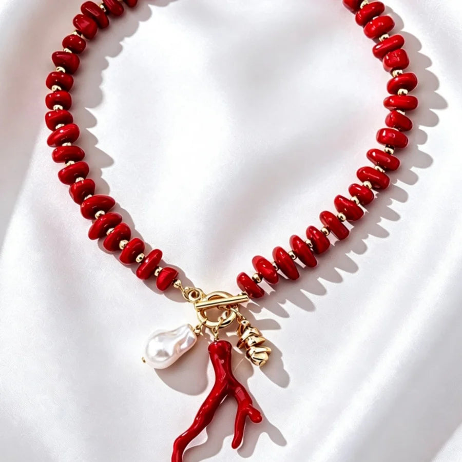 Boho Resin Coral Beaded Necklace for Women with Imitation Pearl Pendant - Toggle Clasp Choker Jewelry