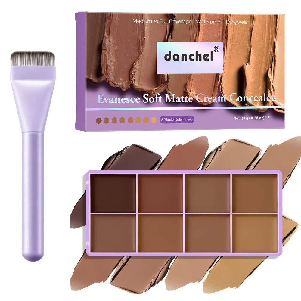 Full Coverage Concealer Palette 8 Shades Waterproof Matte Cream with Brush