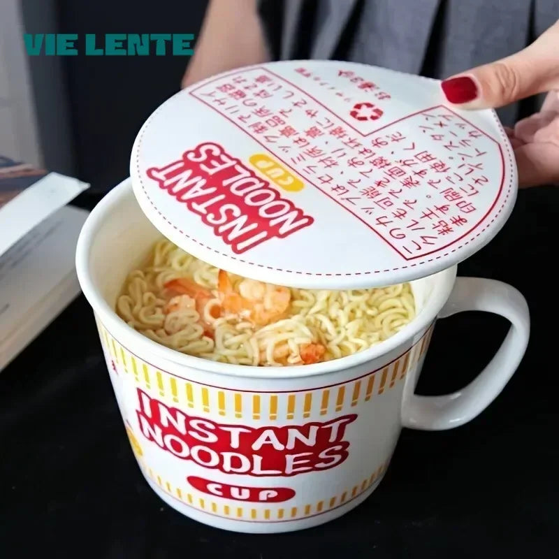 Large Capacity Ceramic Instant Noodle Bowl with Cover for Hot Meals - Multiple Colors