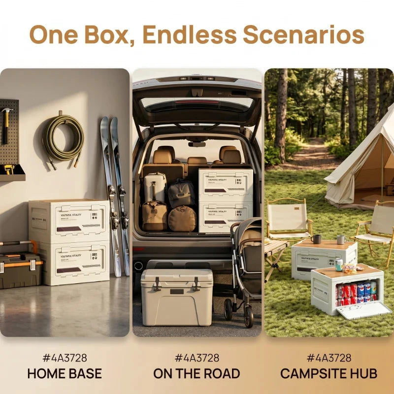 Folding Storage Box with Wooden Lid - Car Trunk Organizer, Home & Outdoor Use