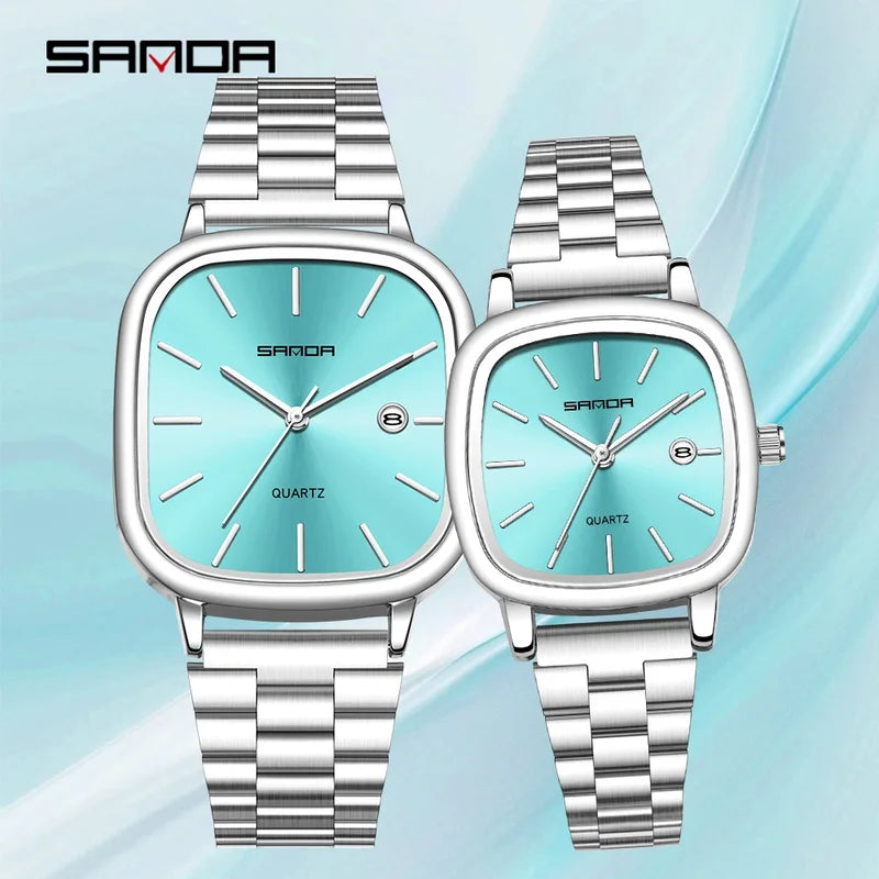 Couple Quartz Watch Set Men & Women's Square Dial Waterproof Calendar Elegant