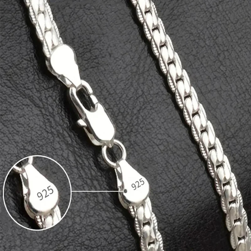 Luxury 925 Sterling Silver Necklace 6MM Sideways Chain for Women and Men