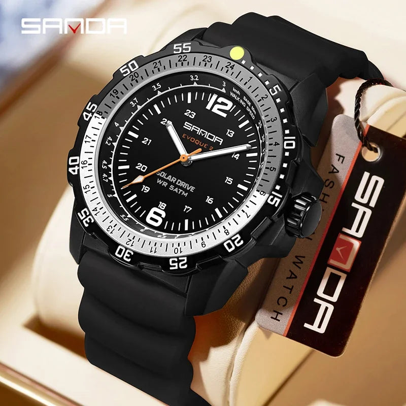 Luxury Men's Solar-Powered Watch with Luminous Hands Waterproof Sport Wristwatch