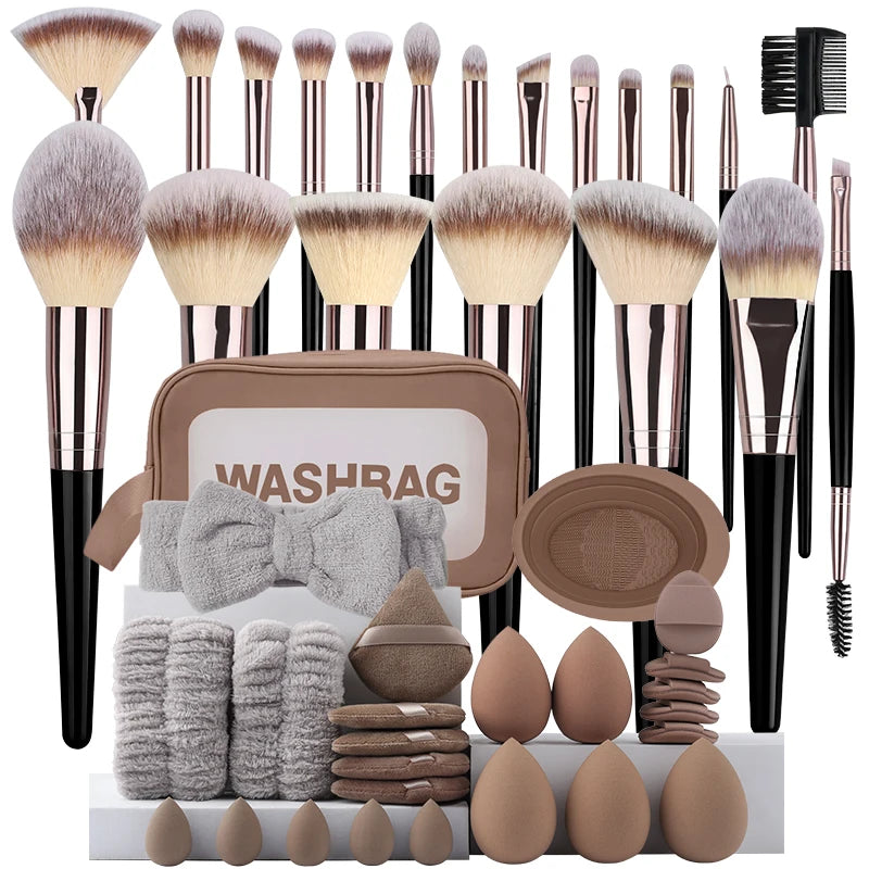 Makeup Brushes Set with Sponges and Puffs - Eye Shadow, Foundation, Blush, Highlighter, Concealer Tools