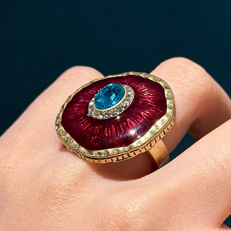 Vintage Blue Crystal Evil Eye Ring for Women Gold Antique Style Gift
