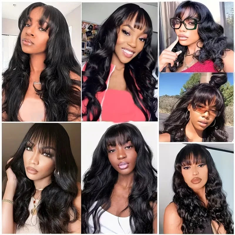 Body Wave Human Hair Wigs with Bang Full Lace Wig 30 Inches Natural Color Brazilian Bob Wig