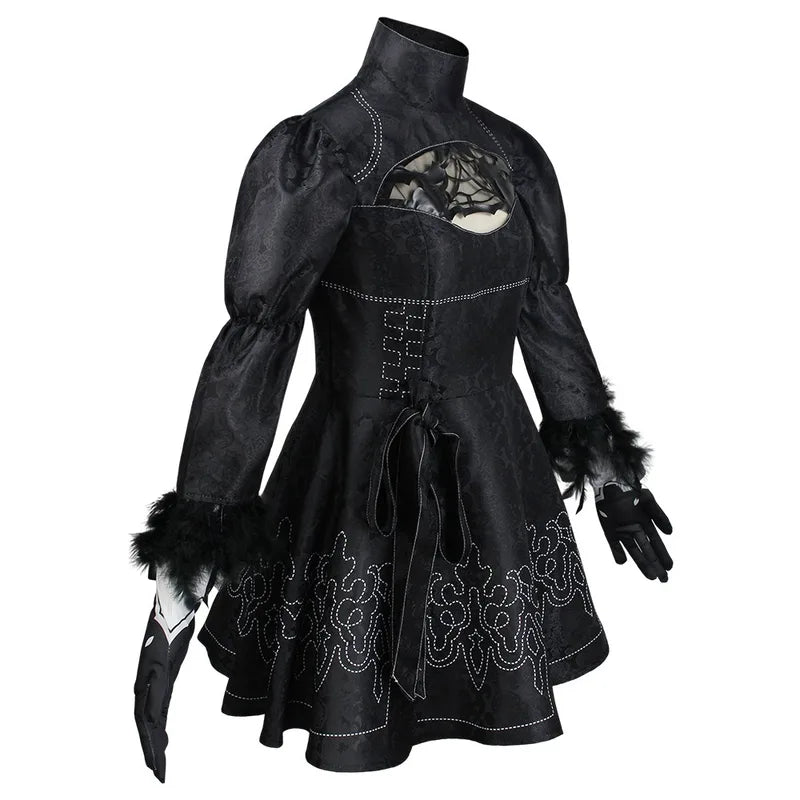Yorha 2B Cosplay Costume Full Set - Black Leotard Dress with Wig Gloves Eyemask Socks