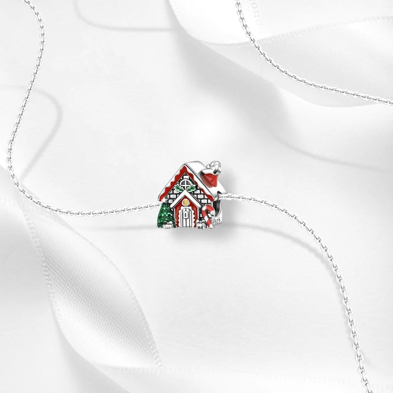 Sterling Silver Santa Claus Charm Bead Christmas House Dangle Pendant Jewelry Making