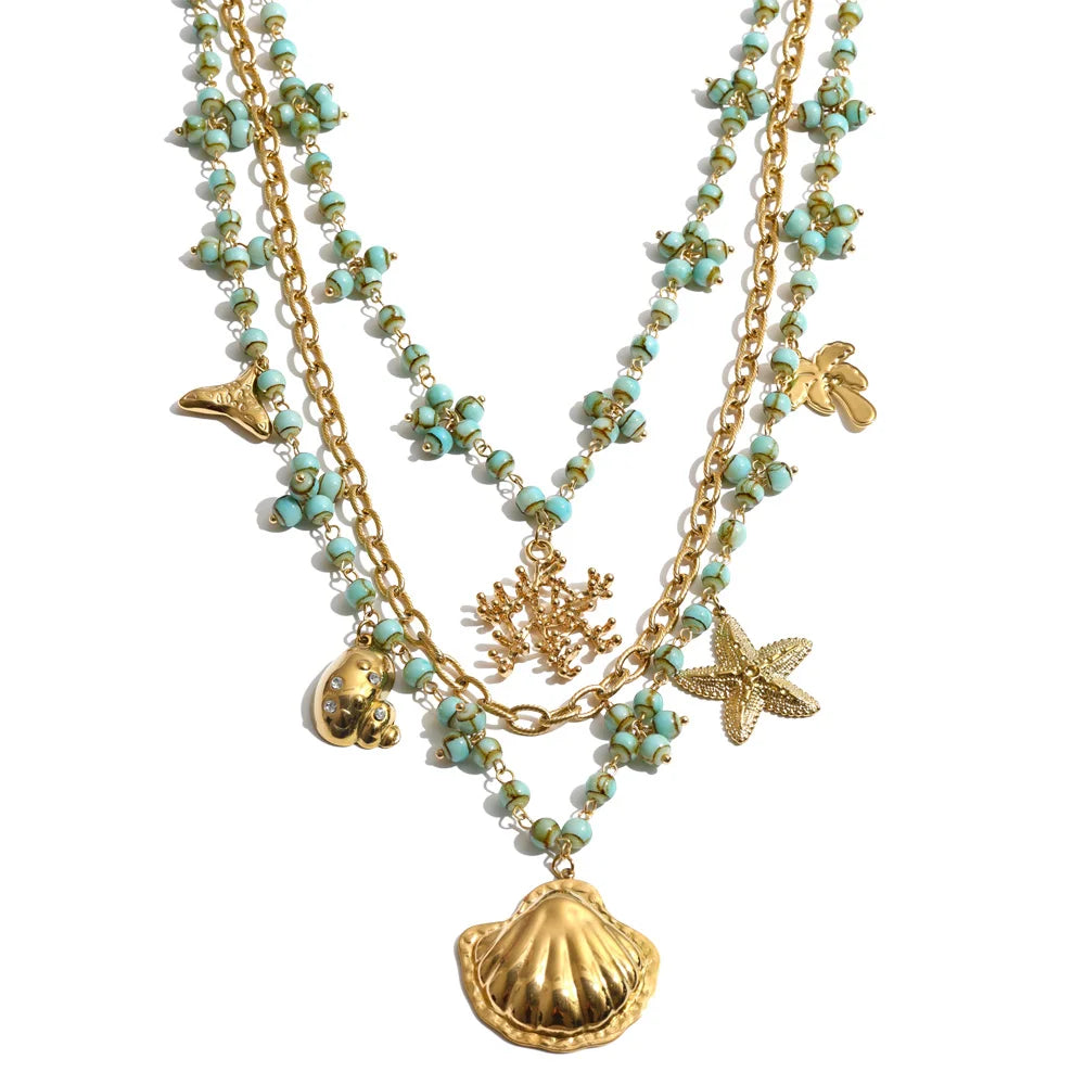 Ocean Series Glass Beads Chain Layered Necklace with Shell Starfish Drop Charm Summer Jewelry
