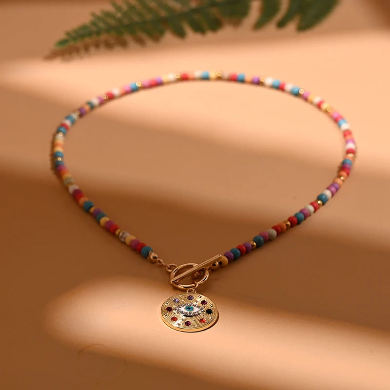 Colorful Stone Choker Necklace for Women Evil Charm Pendant Fashion Jewelry