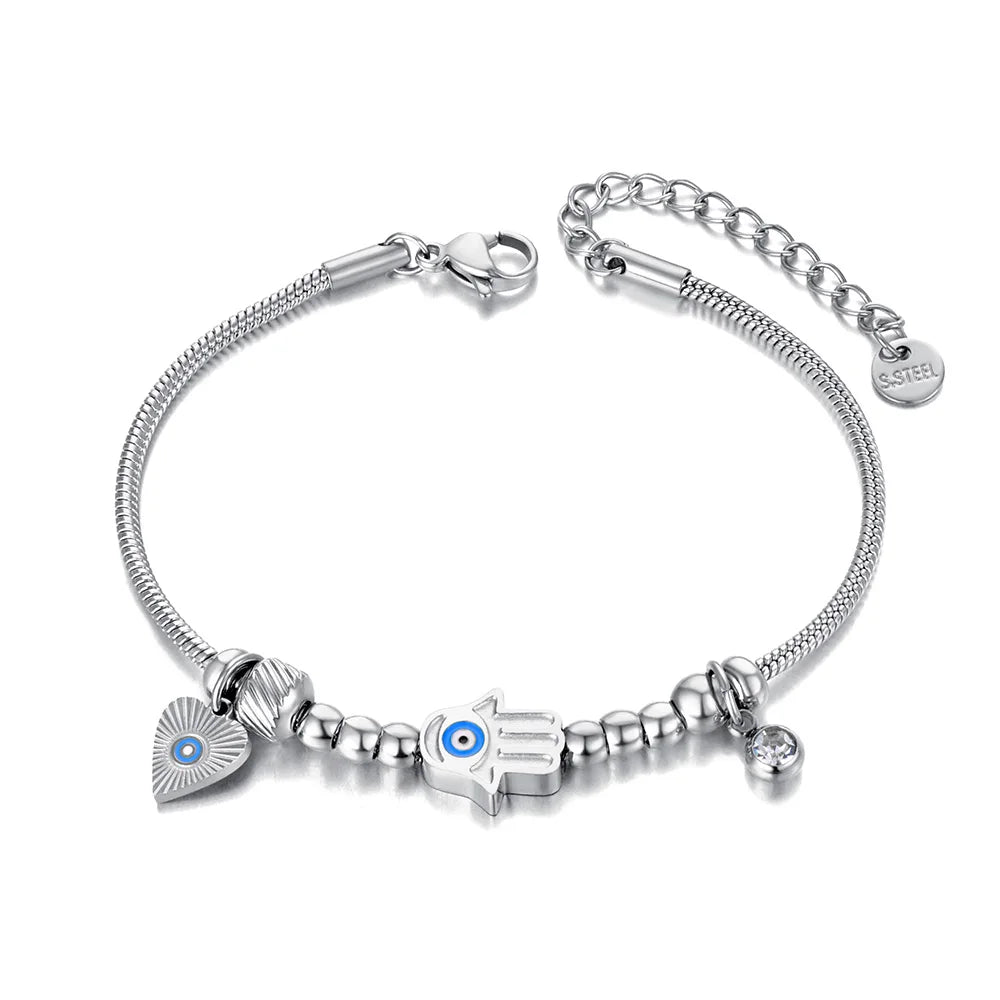 Stainless Steel Fatima Hand Blue Eye Charm Fashion Bracelet for Women