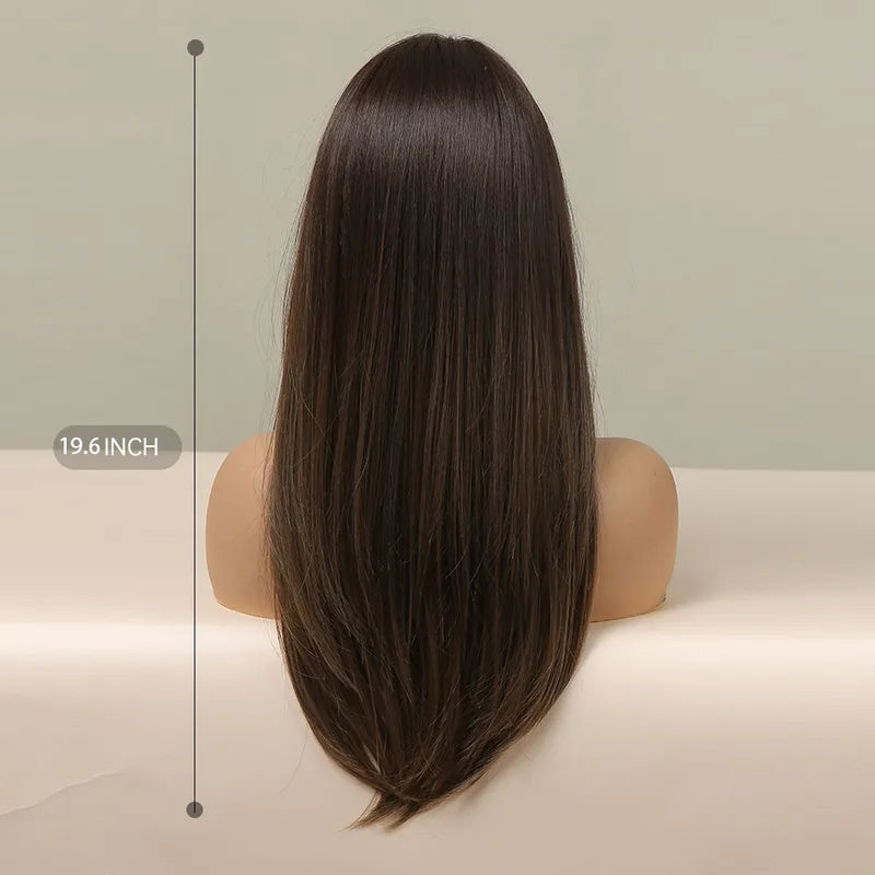 Long Straight Synthetic Wig with Ombre Dark Brown Bangs for Women - Heat Resistant, Daily Wear & Cosplay