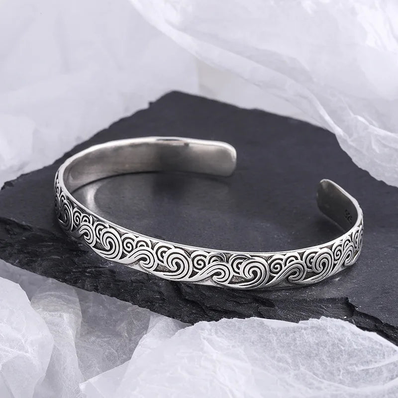Retro Wave Sterling Silver Bracelet - Cloud Design Bangles for Women