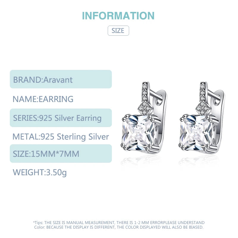 Sterling Silver Square Zircon Drop Earrings for Women Jewelry
