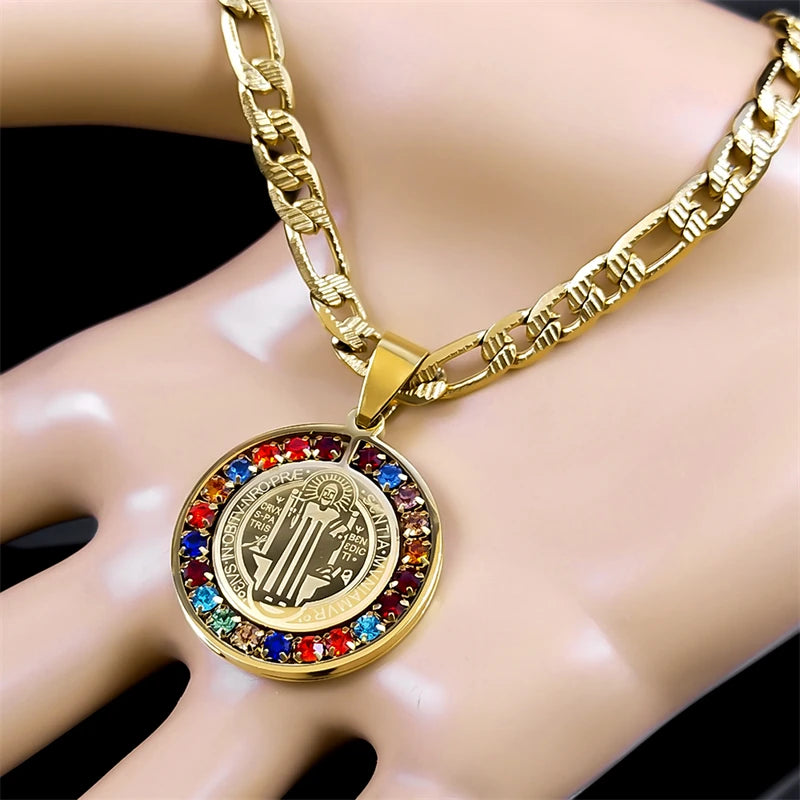 Colorful Crystal Saint Benedict Medal Necklace Women Men Stainless Steel Chain Jewelry