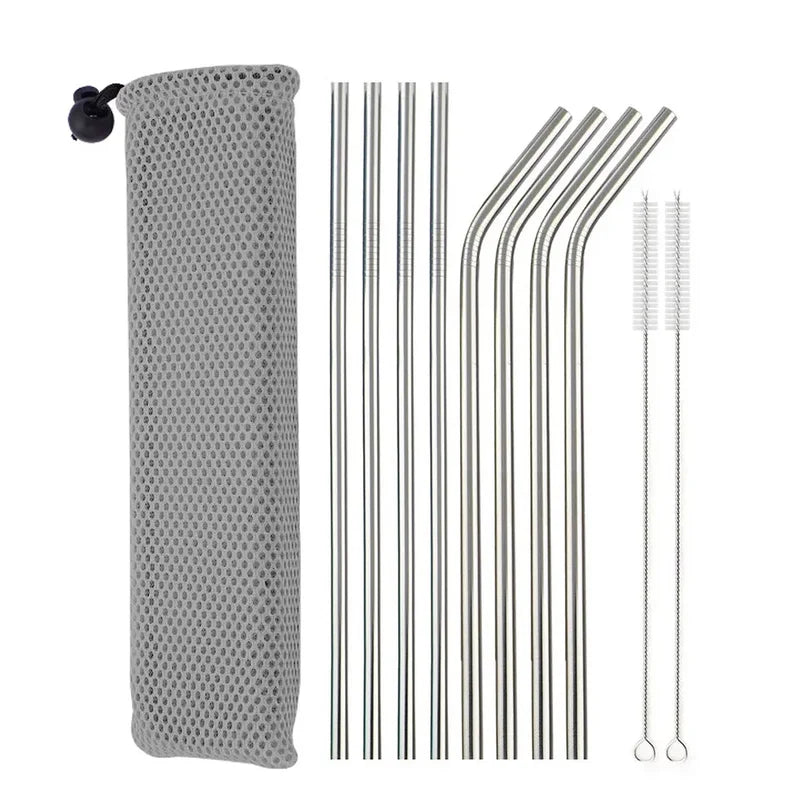 Reusable Metal Drinking Straws Set - 304 Stainless Steel, Bent & Straight with Cleaning Brush
