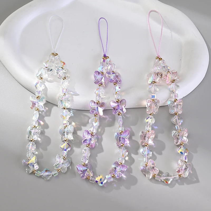 Women Girl Acrylic Phone Charm with Butterfly Design - Transparent Drop Lanyard Jewelry