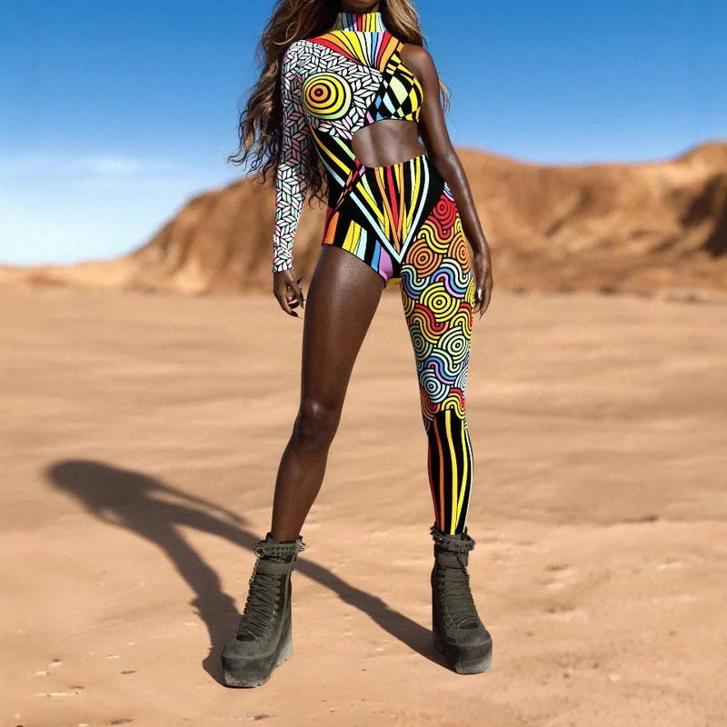 Rainbow Cyberpunk Bodysuit Halloween Costume Jumpsuit for Women