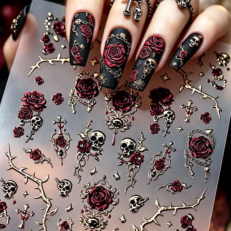 Bronzing Gold Skull & Blood Rose Nail Decals Set - Self-Adhesive Halloween Nail Art