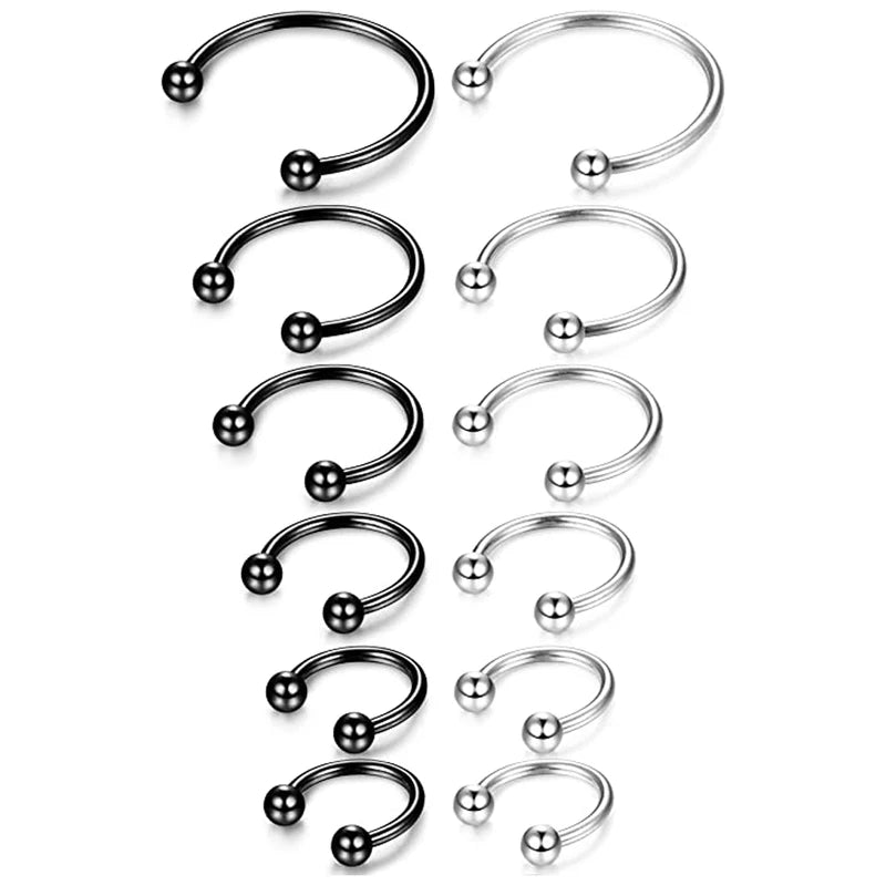 12Pcs Stainless Steel Nose & Septum Rings Body Piercing Jewelry 6MM-16MM Black Silver