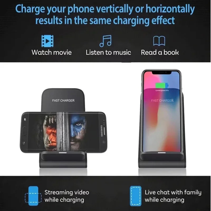 Wireless Charging Stand Fast Support for Samsung, iPhone, Xiaomi - Qi Quick Charger