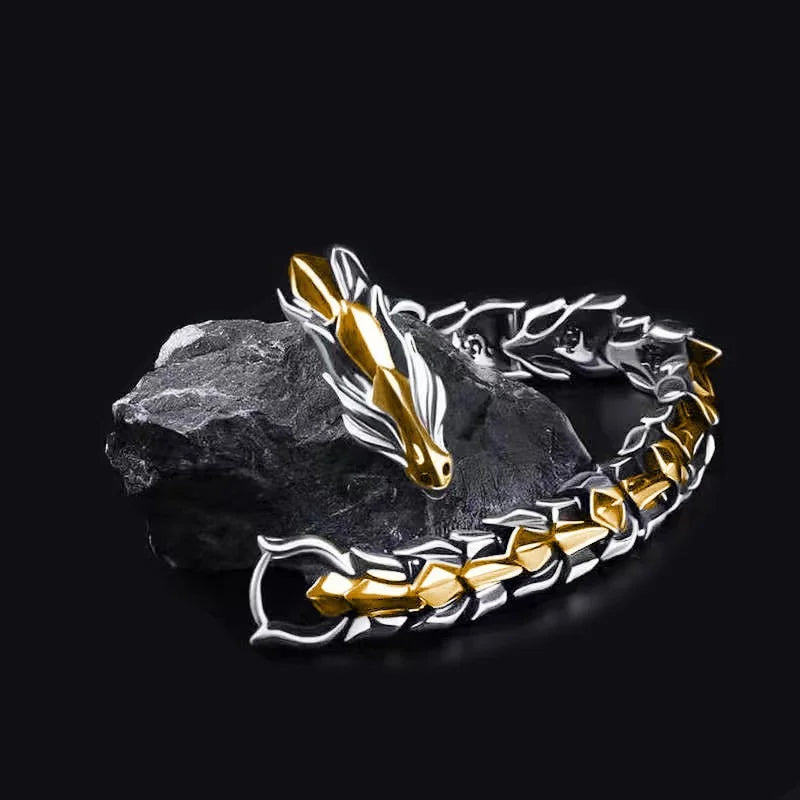 Men's Viking Dragon Bangle Bracelet Vintage Punk Metal Jewelry - 20cm