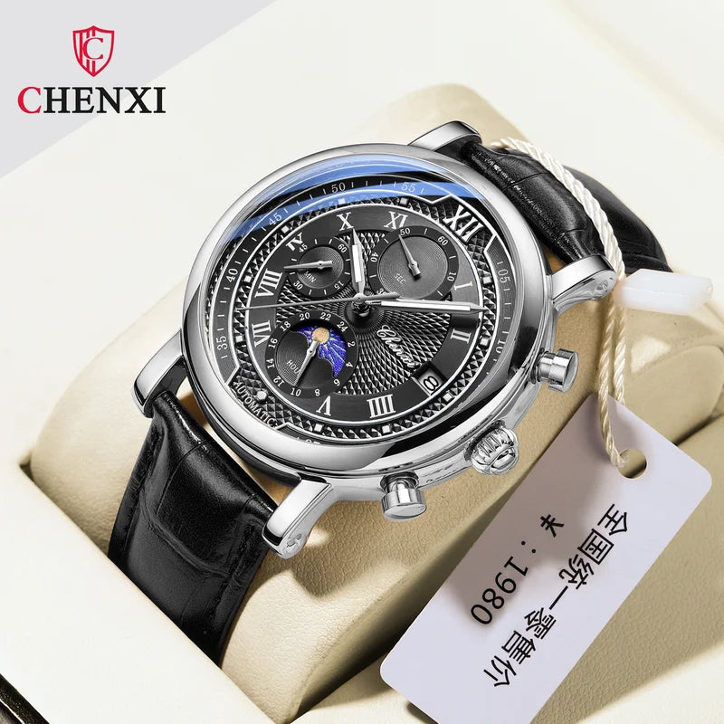 Men's Leather Chronograph Watch with Moon Phase and Luminous Quartz