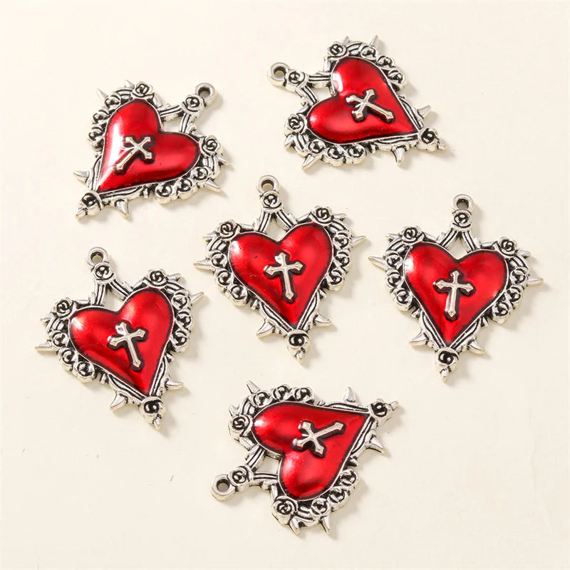 10pcs Enamel Steampunk Gothic Cross Heart Charms for Jewelry DIY Necklace & Earring Making