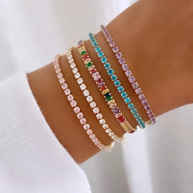 Colorful Crystal Tennis Bracelet for Women Waterproof 3MM CZ Jewelry Wedding Gift