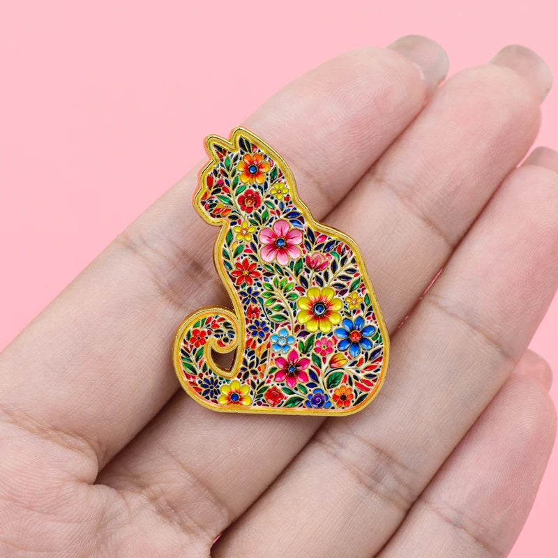 Cute Multi-Style Cat Enamel Pins with Leopard Floral Design - Lapel Brooches for Pet Lovers