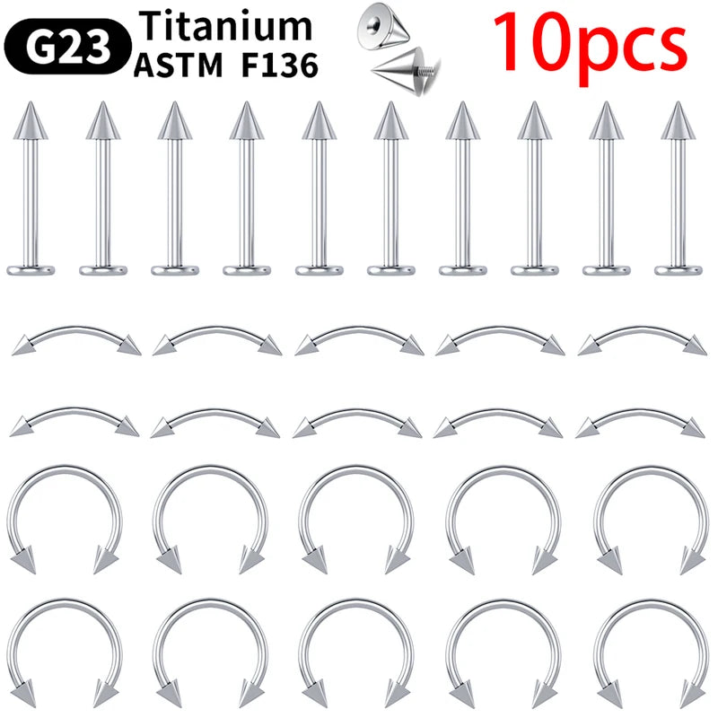 10PCS Titanium Labret Lip and Eyebrow Piercing Studs Body Jewelry