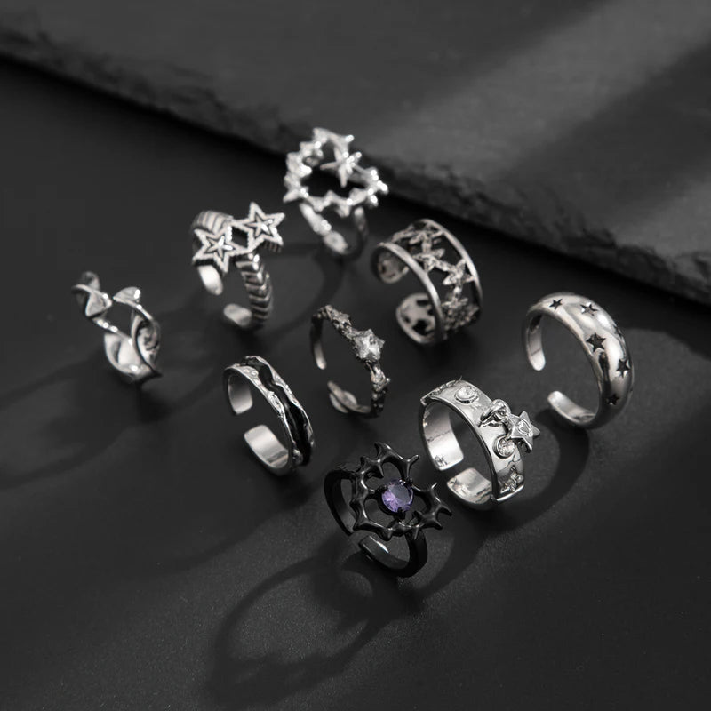 Goth Vintage Silver Open Ring Set for Men - 9 Pcs Stylish Metal Jewelry