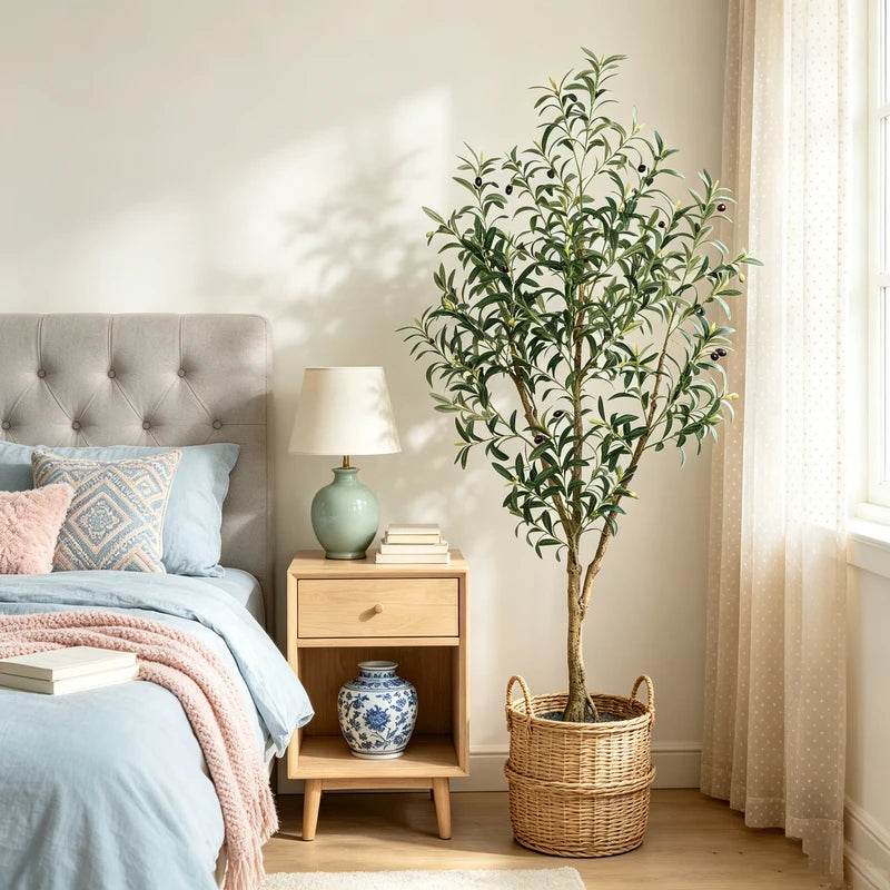 Artificial Olive Tree Indoor Floor Plant - 5.25FT, 6.10FT, 7.10FT Tall Faux Tree with Natural Trunk and Lifelike Fruits