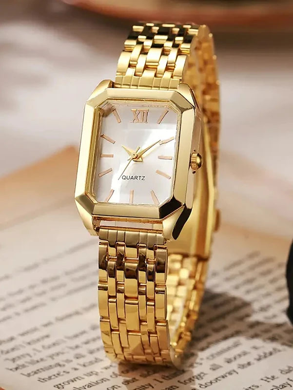 Ladies Quartz Watch Jewelry Set with Stainless Steel Band and Roman Numeral Display