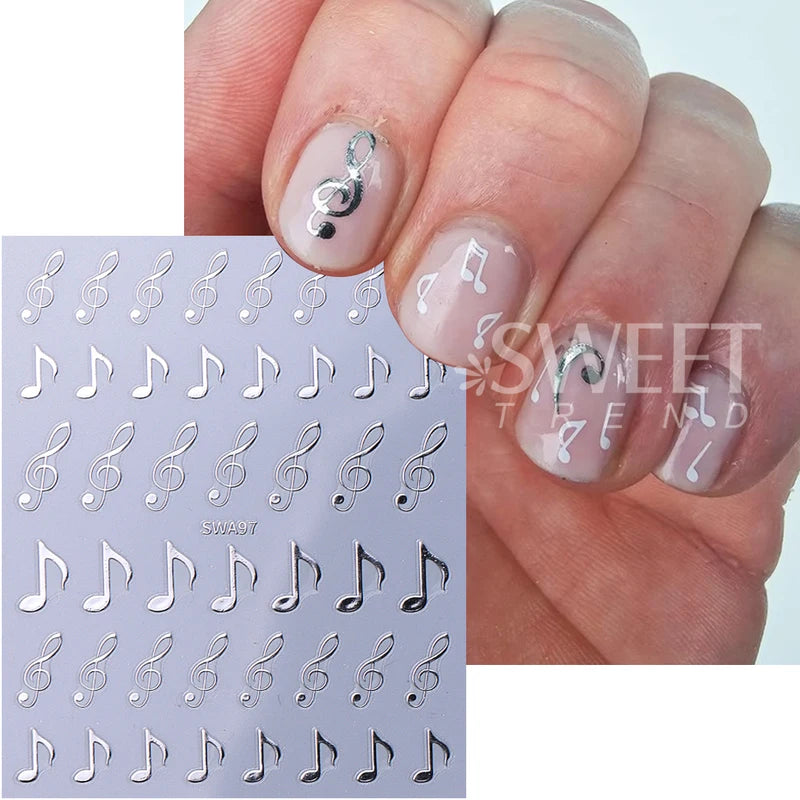 3-Pack Musical Notes Nail Stickers - Black Gold Silver 3D Holographic Decals for Nail Art