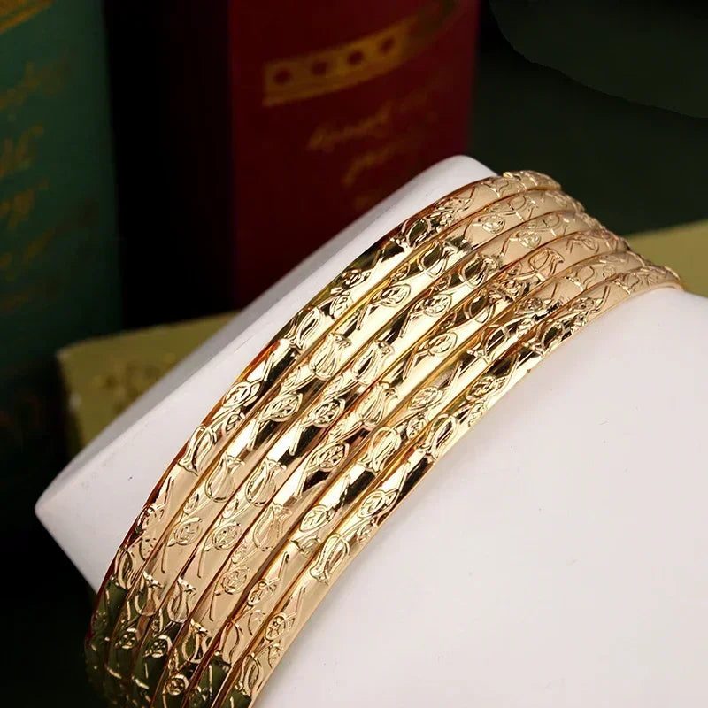 Slim Metal Bangles Layered Cuff Bracelet with Carved Flower Design - Bridal Ethnic Jewelry