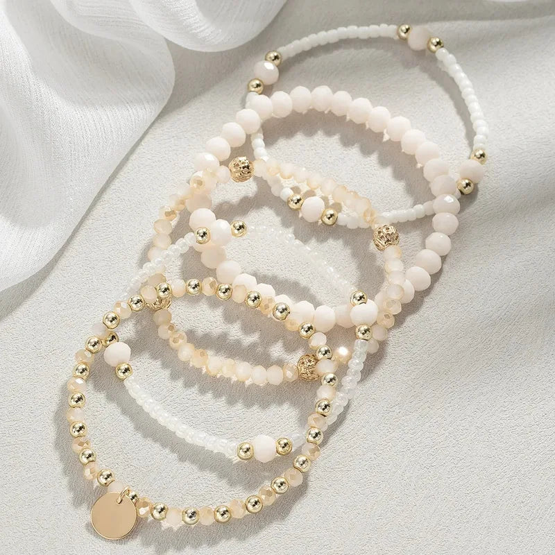 Charm Resin Beaded Bracelet Set for Women - Elastic Chain Jewelry Pack
