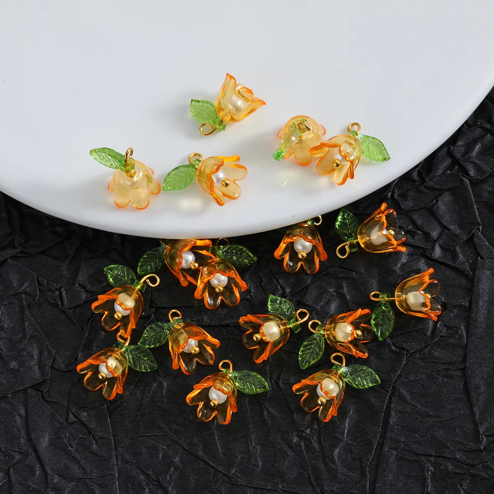 DIY Jewelry Making Pearl Bell Orchid Pendants with Leaf Flower Charms - Multiple Colors