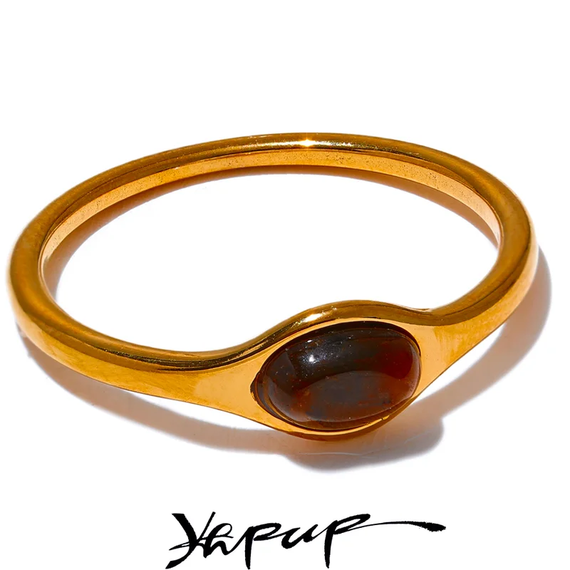 Minimalist Natural Stone Stainless Steel Gold Ring for Women Waterproof Jewelry Gift