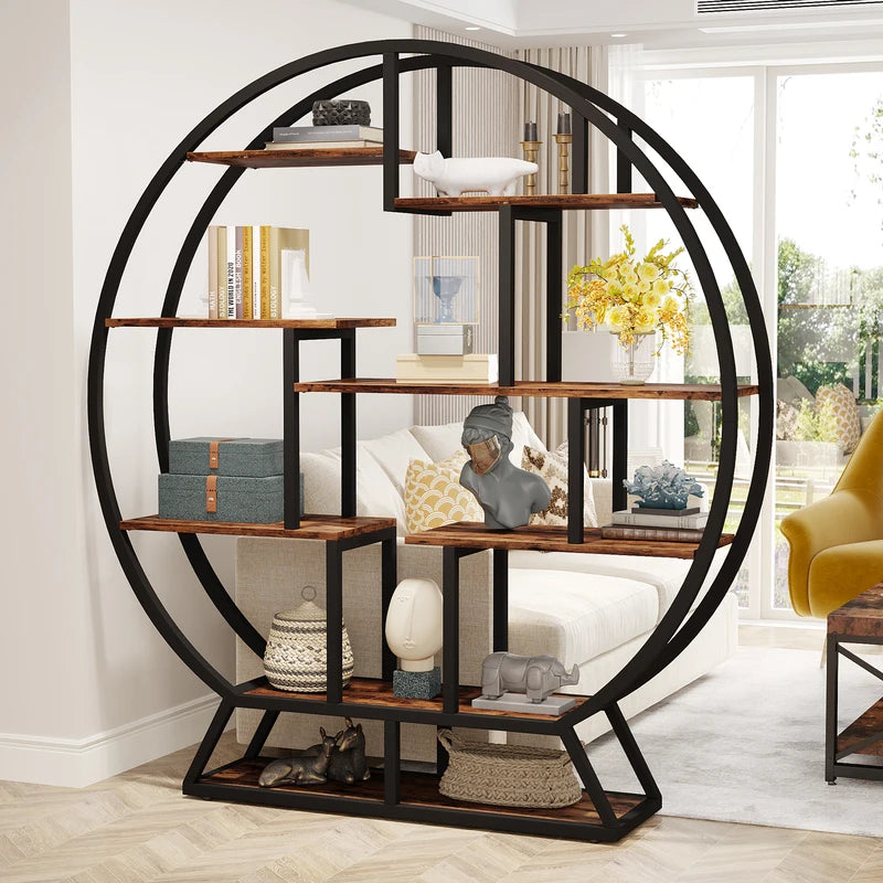 Industrial Round Bookshelf with Staggered Shelves - 63-Inch Wood Bookcase