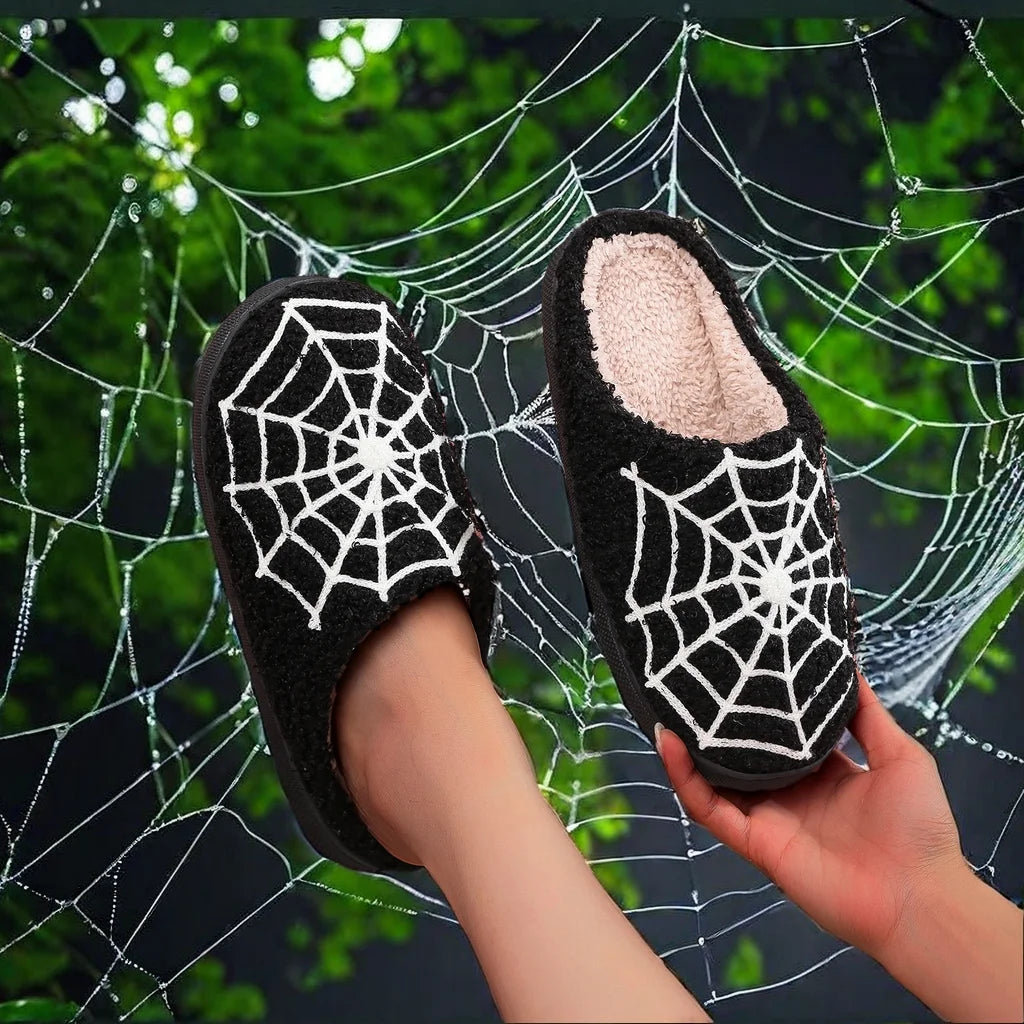 Halloween Spider Web Pattern Plush Woolen Cotton Indoor Slippers - Non-Slip Comfortable Shoes for Men & Women