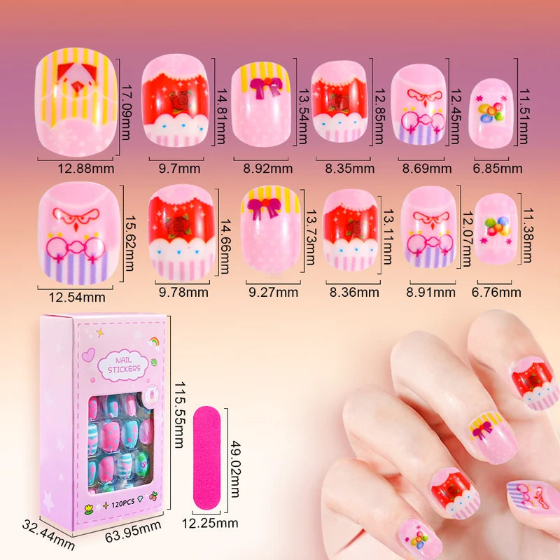 Kids Colorful Full Cover Press-On Nail Tips for Children and Girls - 120/24PC