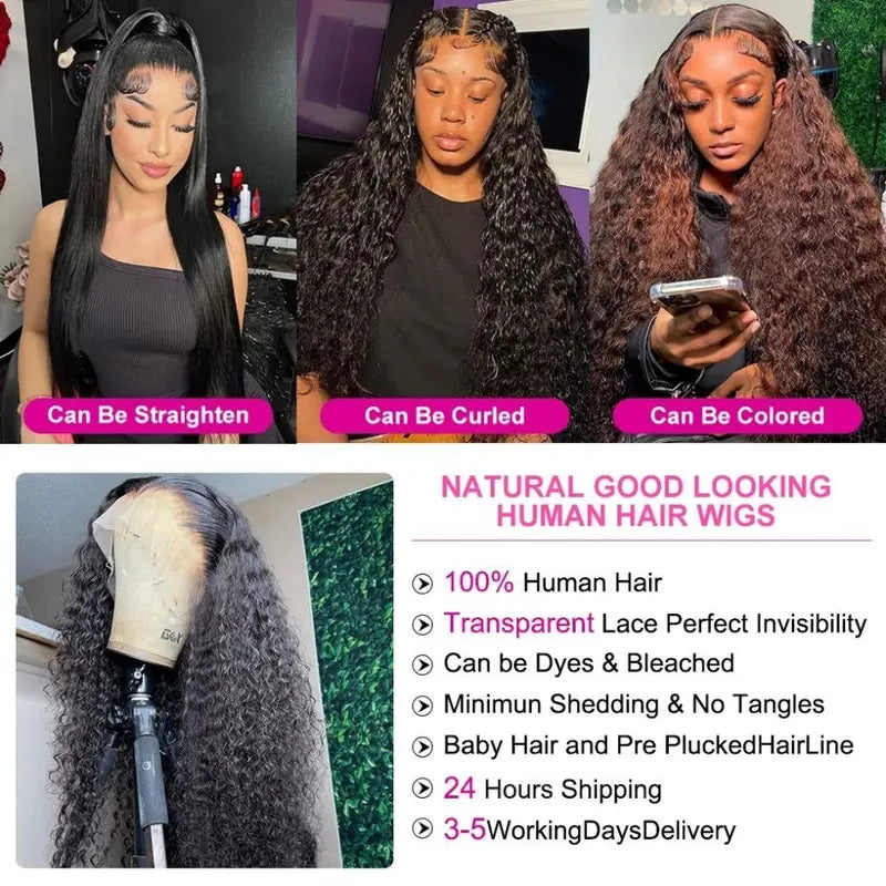 Curly Lace Front Human Hair Wig for Black Women Pre-Plucked Brazilian Deep Wave 13x4 & 13x6 HD Lace Frontal