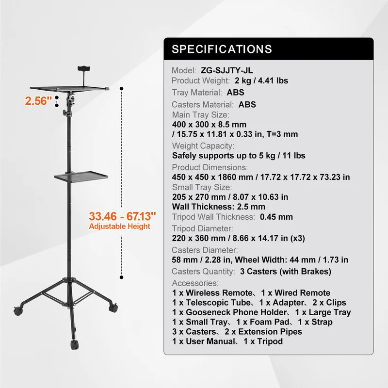 Portable Adjustable Projector Tripod Stand with Tray & Phone Holder